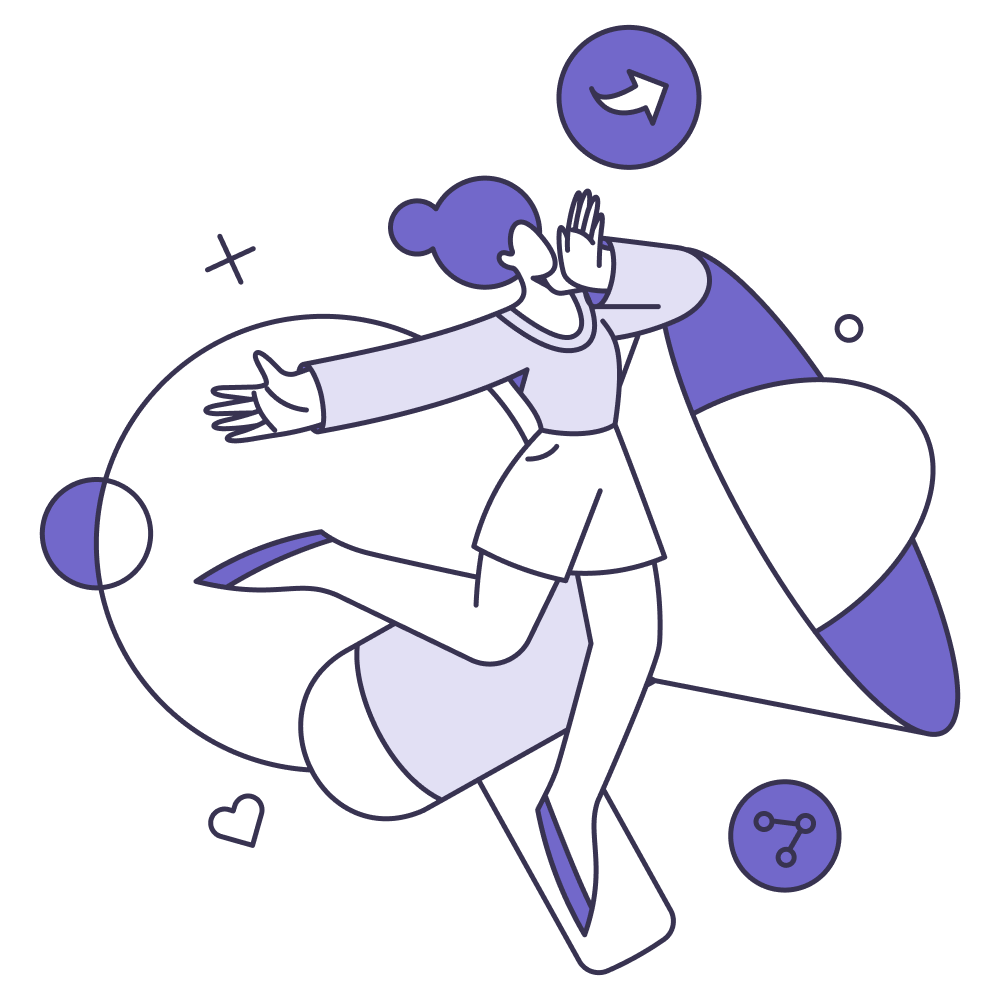 Illustration of a joyful woman with a bun hairstyle surrounded by social media share icons.