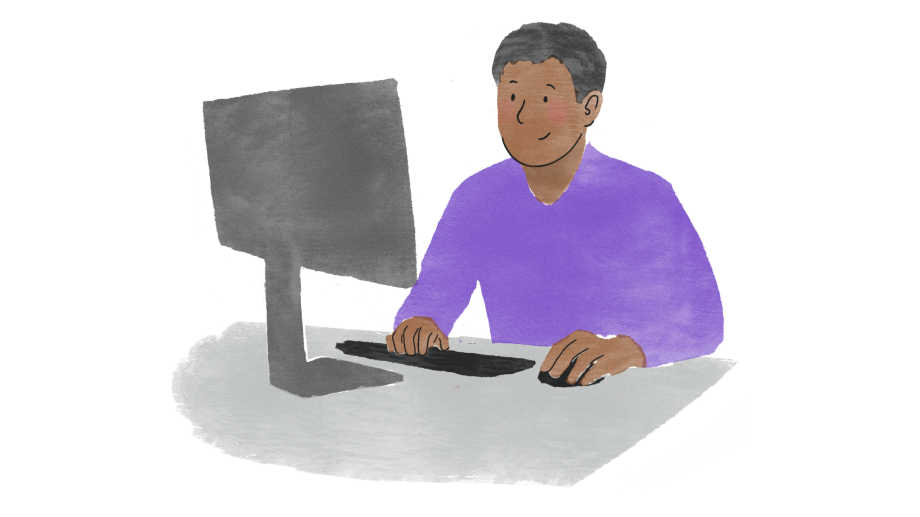 Illustration of a teacher working at a desktop computer.