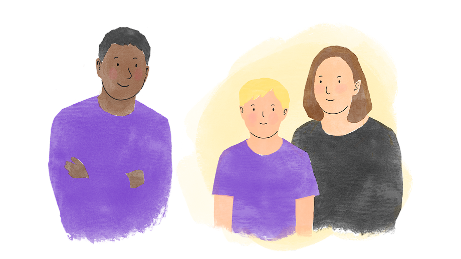 Illustration of a teacher alongside a learner and their parent.