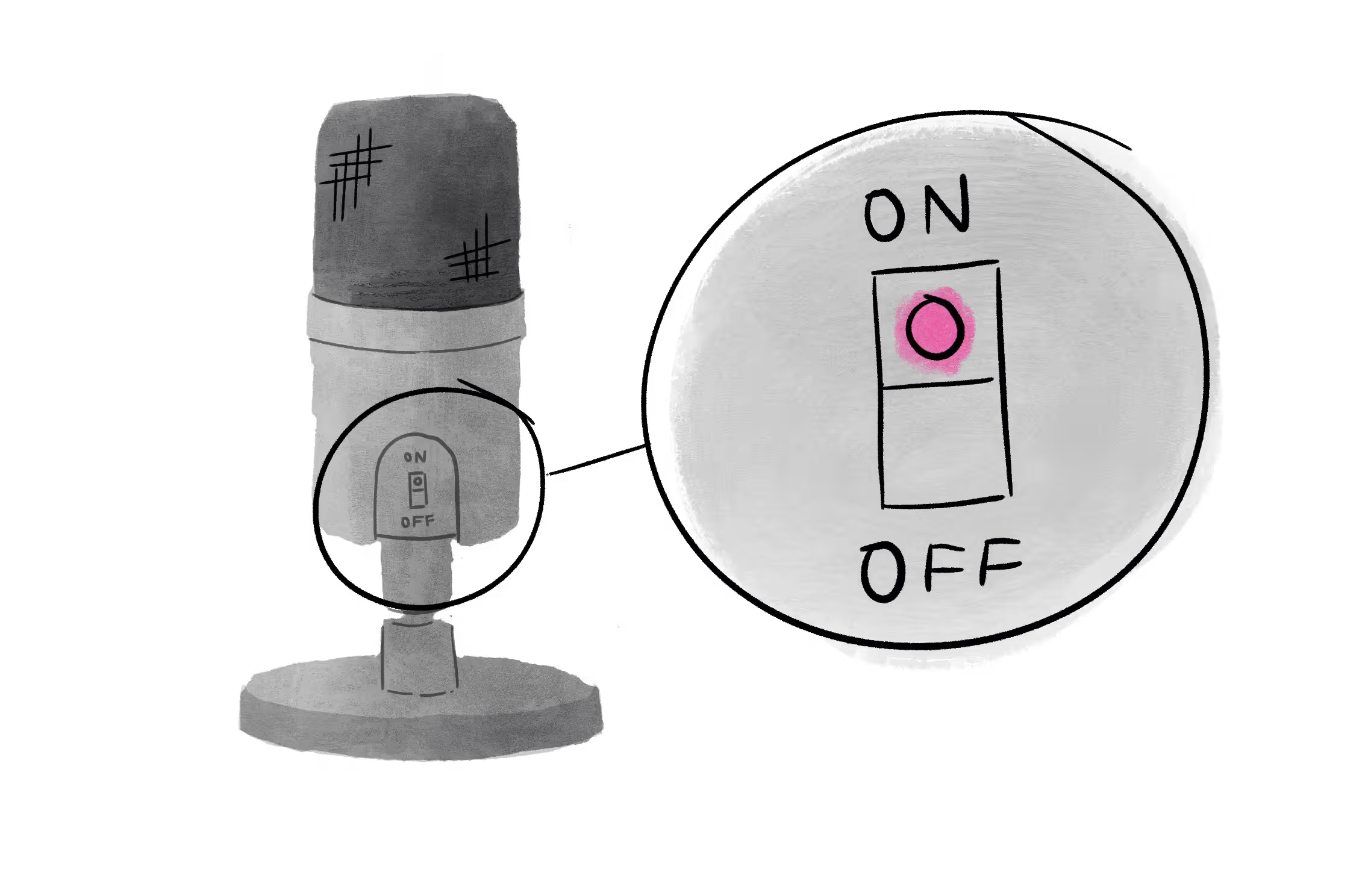 A microphone with a close-up of its on and off switch