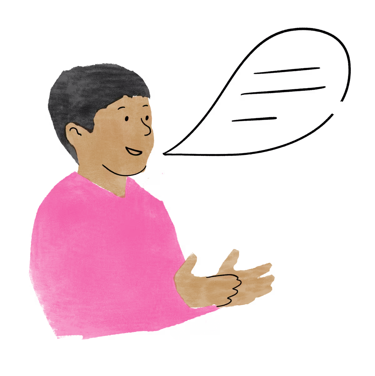 A young person speaking, with a big speech bubble
