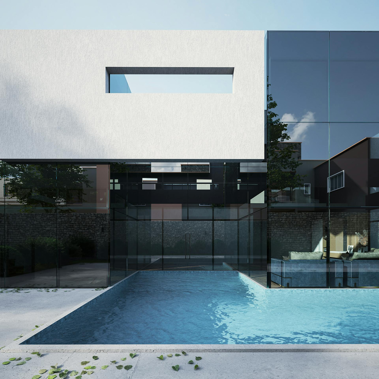 Modern house with large glass windows and a rectangular swimming pool in the foreground.