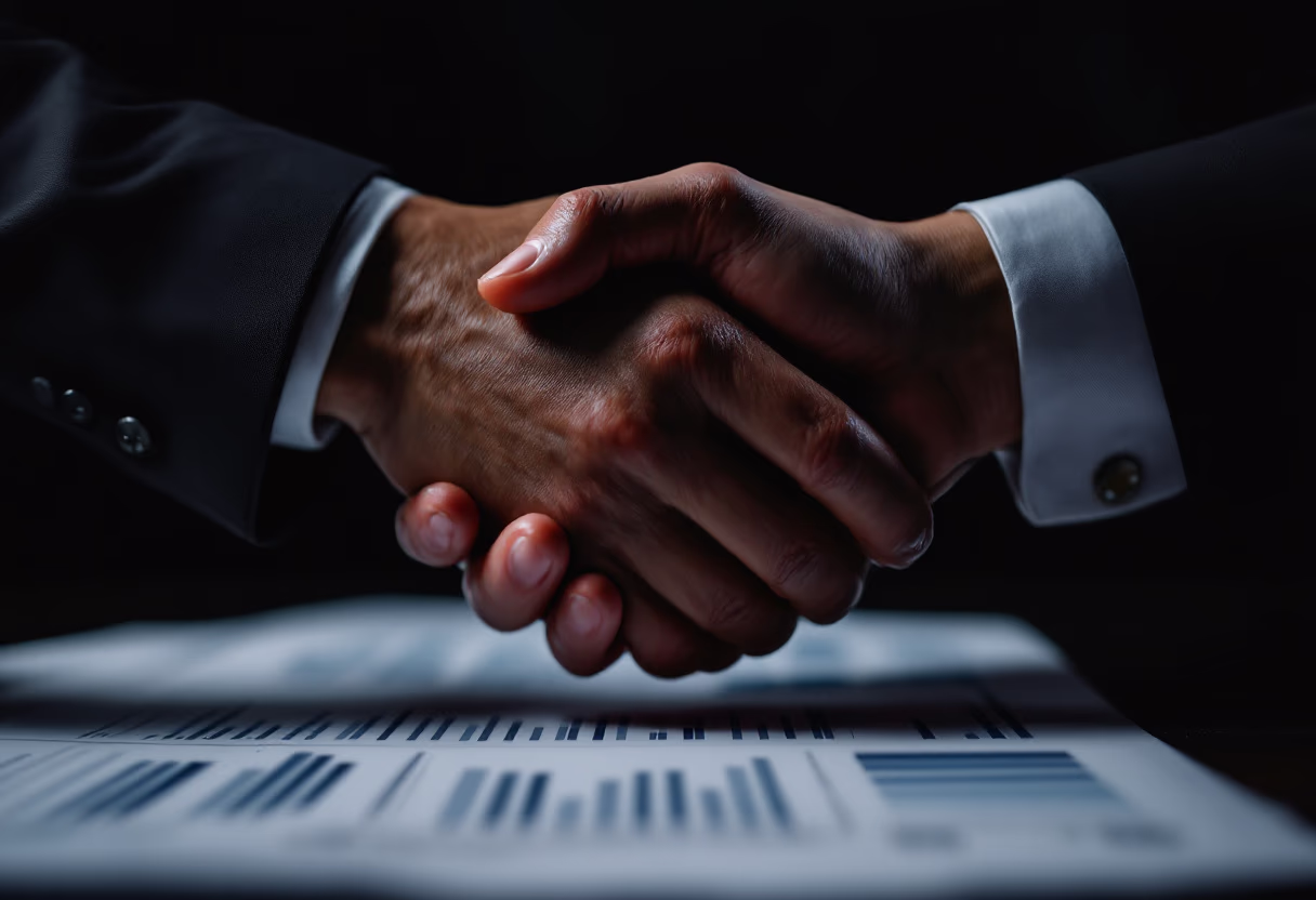 image of handshake over a financial report
