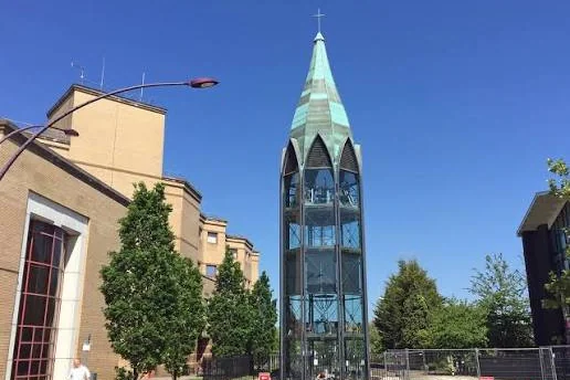 Glass and copper bell tower of St Martin's Church in Basildon town centre