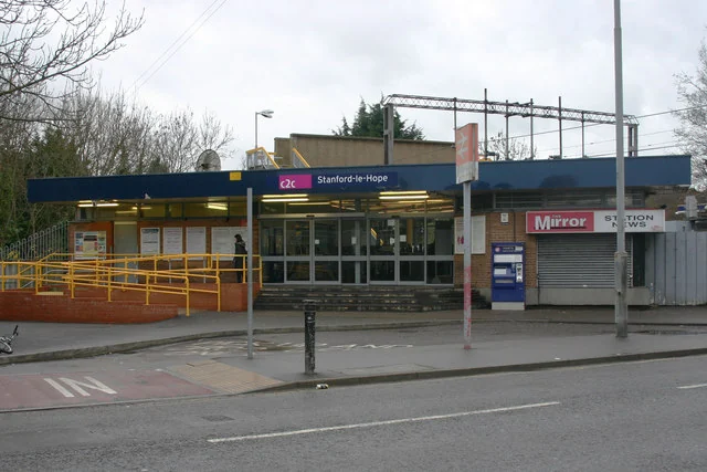 Stanford-le-Hope railway station entrance with the c2c sign above the doors