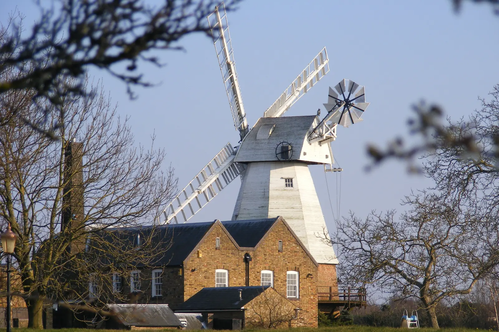 White smock windmill with sails and fantail rising behind brick buildings and bare trees