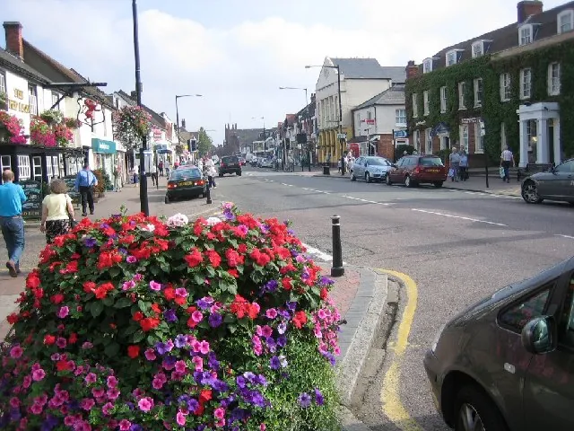 Flower planter and shops along Billericay High Street on a sunny day