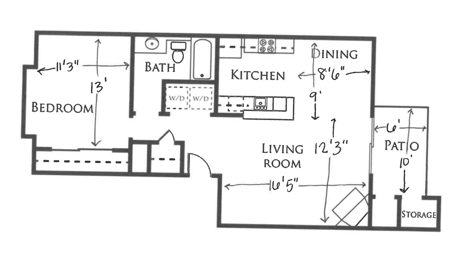1x1 floor plan layout