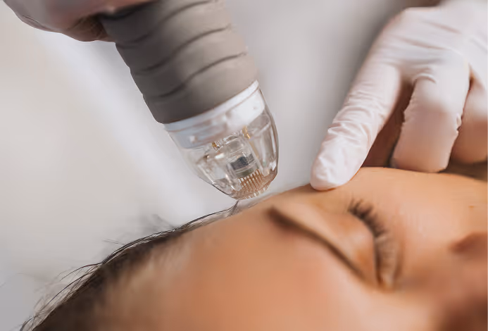 Close-up of a person receiving a microneedling treatment on the forehead by a gloved professional using a handheld device.