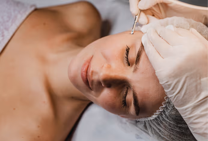 Close-up of a woman receiving eyebrow microblading treatment with a professional applying pigment using a small tool.