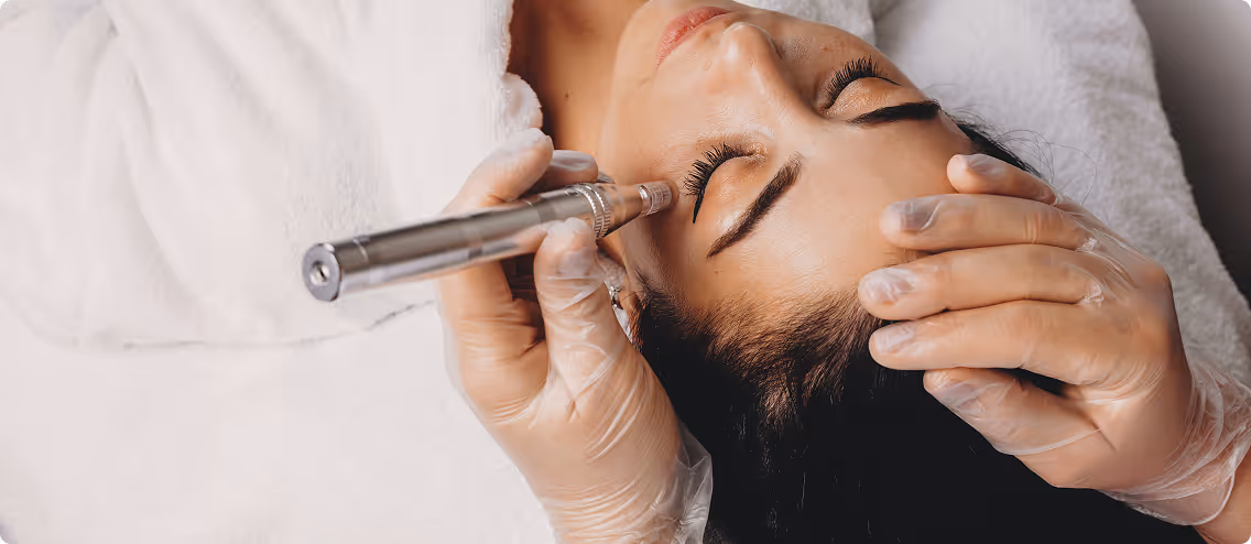 Close-up of a woman receiving a microneedling facial treatment from a professional wearing gloves.