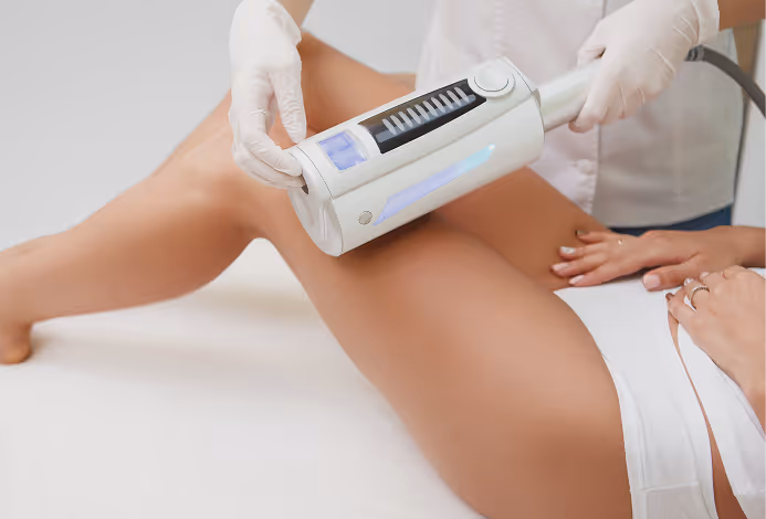 Technician wearing gloves using a handheld device on a woman's thigh during a cosmetic or medical treatment.