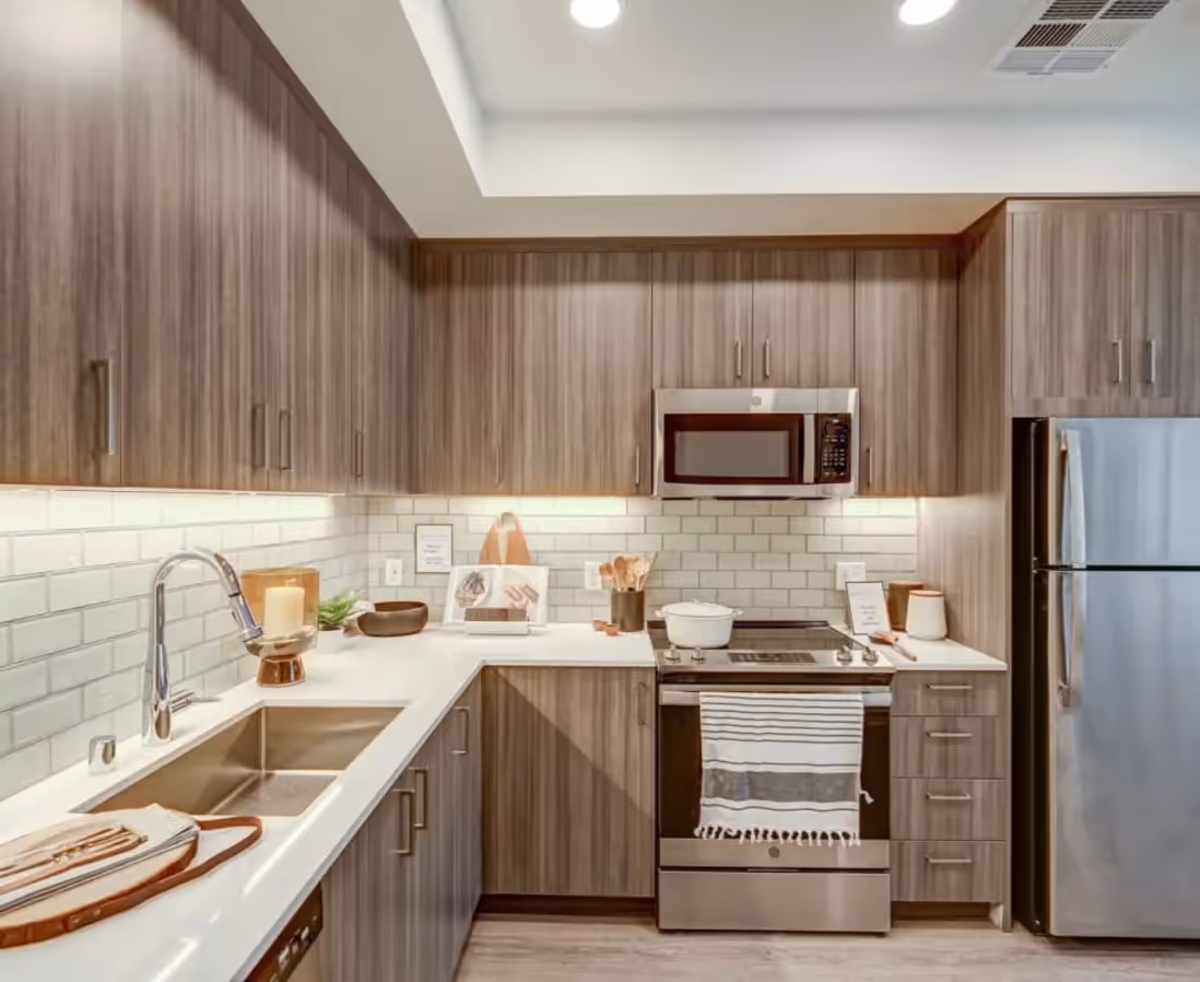 Kitchen with brown cabinets 
