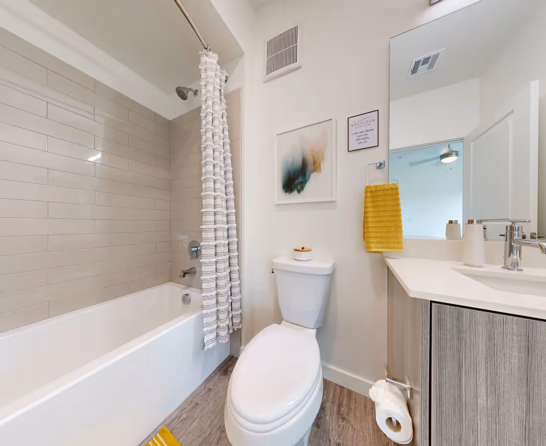 Bathroom with brown cabinets