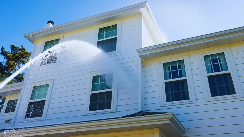 Soft washing technique being applied to residential siding to safely remove dirt.