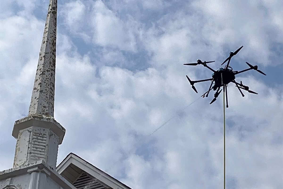 A Church steeple is being cleaned by one of our pressure washing drones in Columbia, SC.
