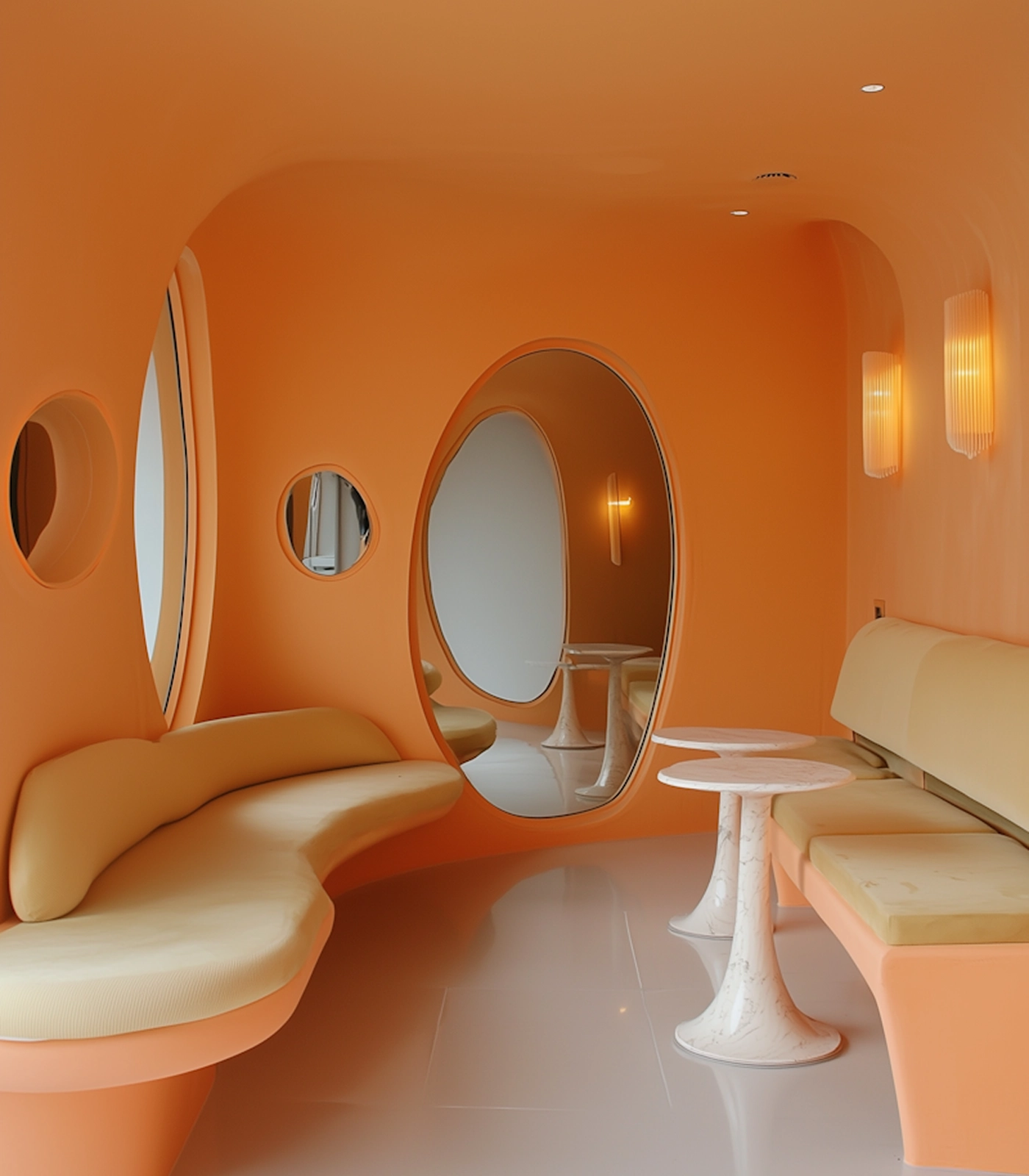 Modern orange lounge with curved beige seating, round marble tables, oval wall mirrors, and soft wall lighting.