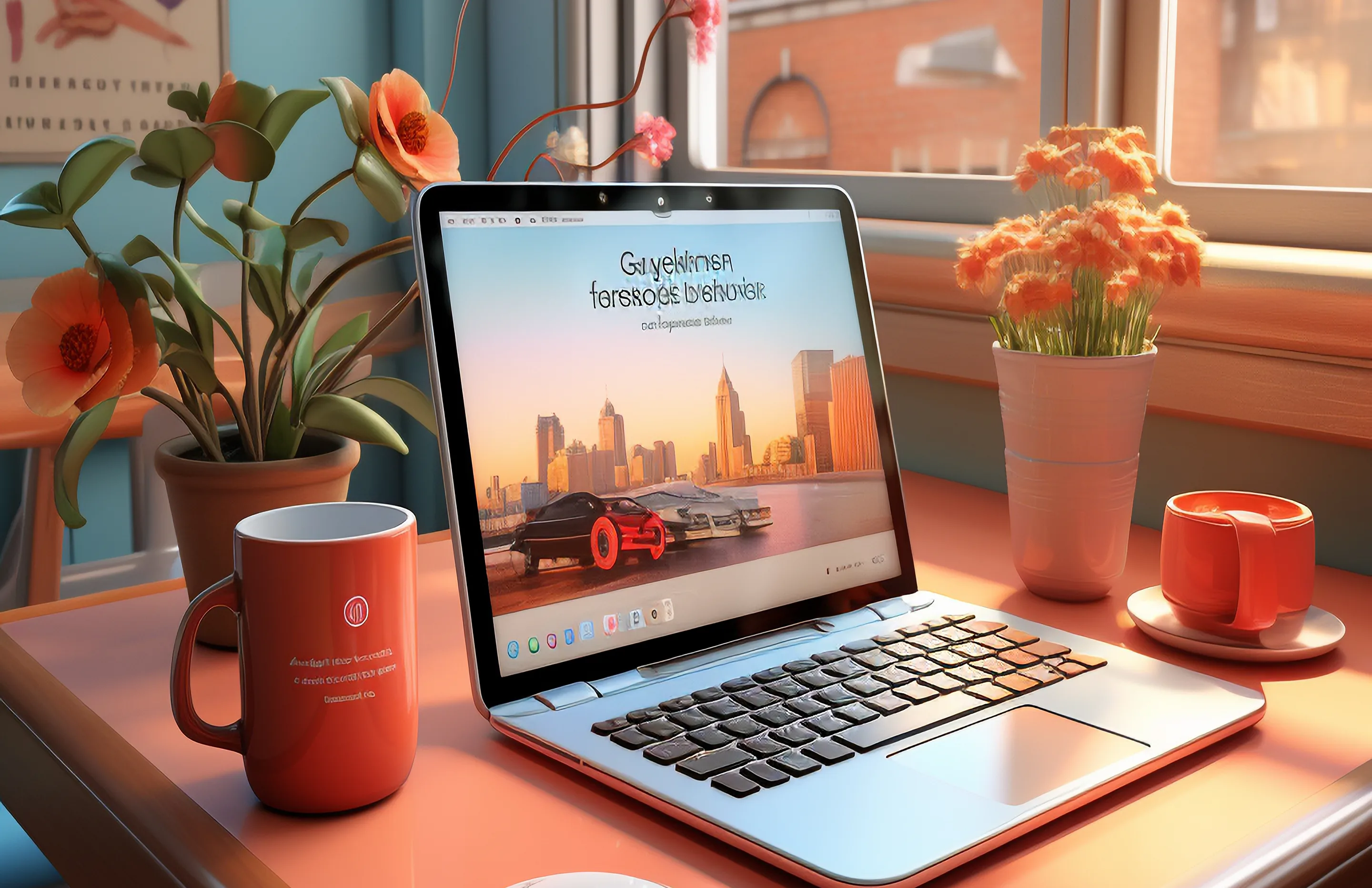 Open laptop on a desk showing a city skyline with two cars on the screen, surrounded by orange flowers in pots and two orange mugs.