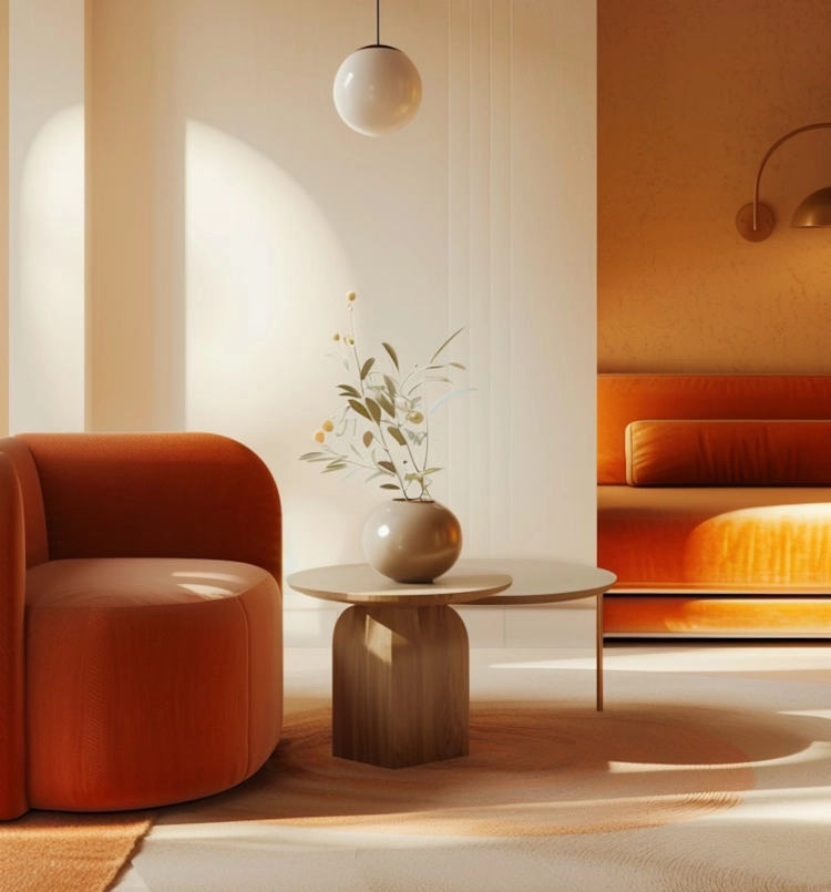 Modern living room with warm tones; orange armchair, wooden coffee table with vase, sofa in background, and round pendant light above. Cozy ambiance.