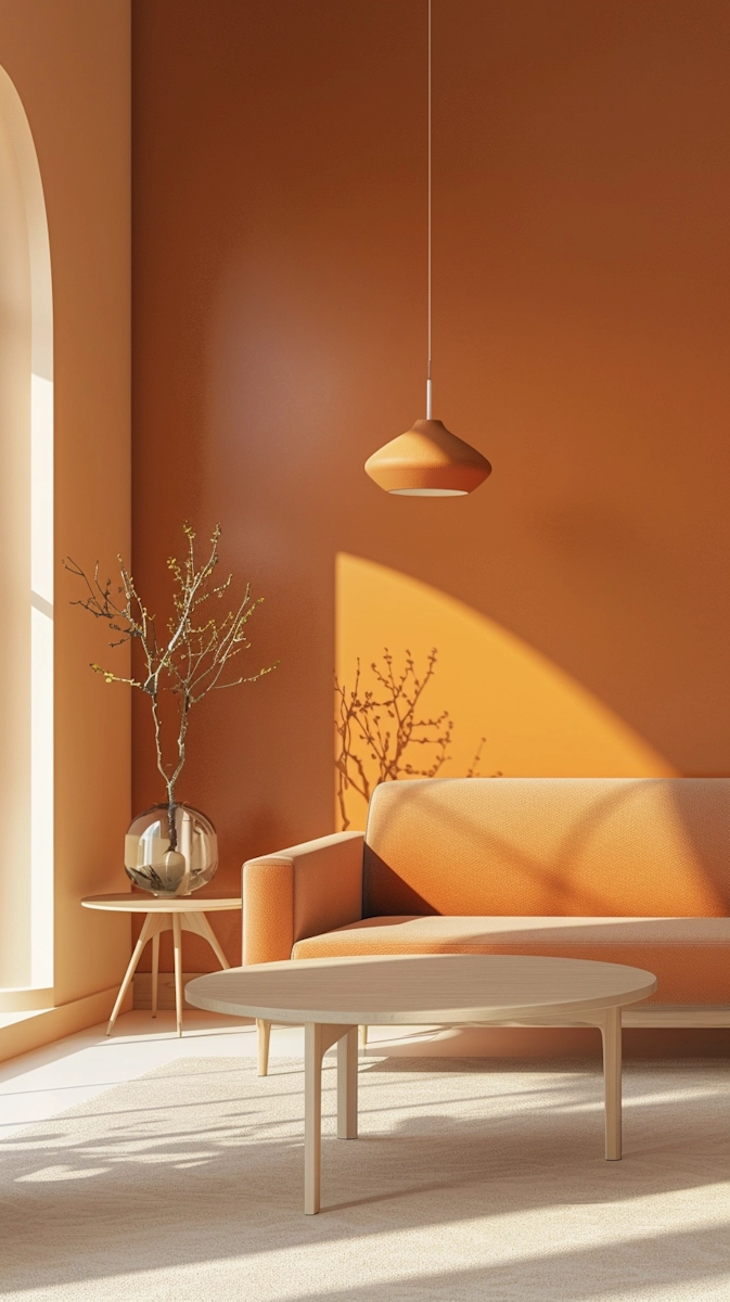 Elegant living room with warm orange walls, featuring a matching sofa and pendant light. Sunlit arch window casts shadows on a vase with branches. Tranquil ambiance.