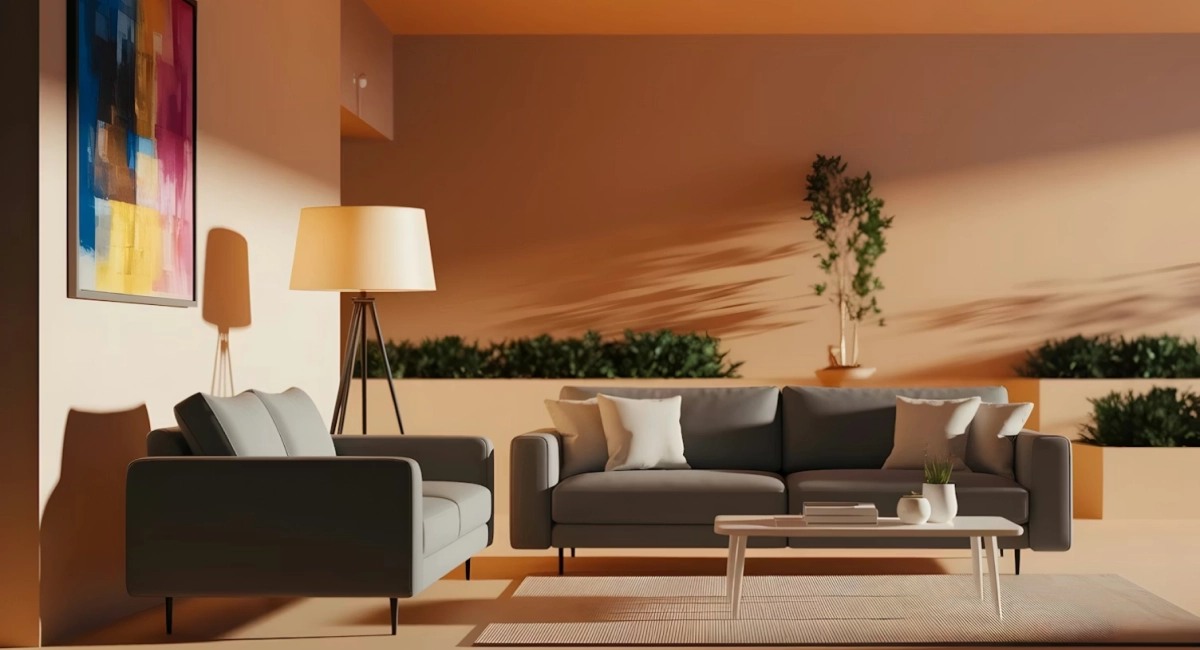 A modern living room with a gray sofa set and a floor lamp. A colorful abstract painting adorns the wall. Natural light casts soft shadows, creating a warm ambiance.