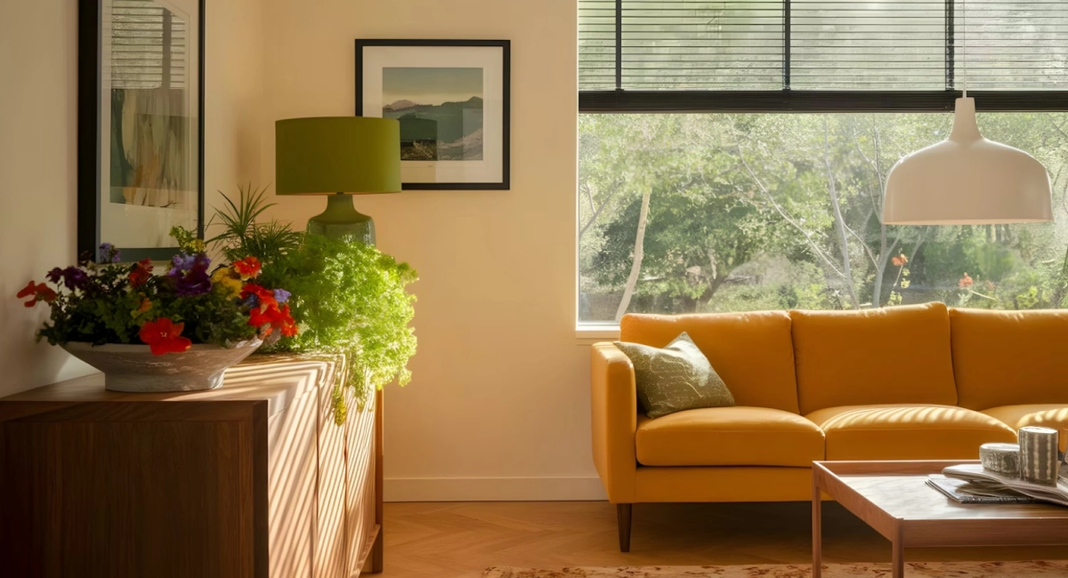 Cozy living room with a vibrant yellow sofa, green cushion, and large window overlooking lush trees. A wooden table and plants create a warm, inviting space.