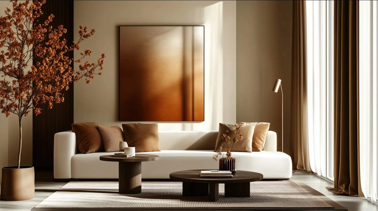 A modern living room with a white sofa adorned with brown pillows. A large abstract painting hangs above. A tall potted plant adds warmth, complemented by soft lighting and neutral curtains for a cozy ambiance.