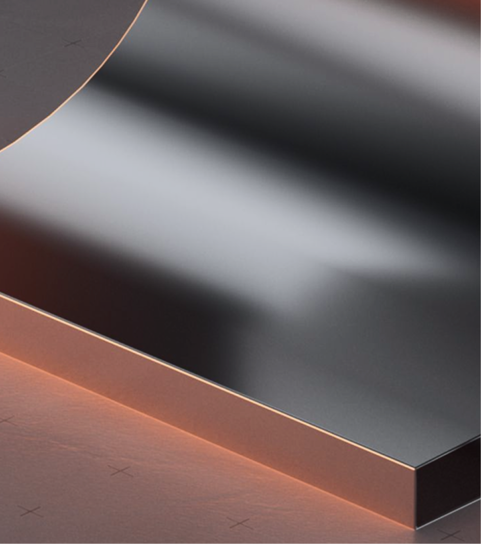 Close-up of a shiny, reflective metallic edge with a smooth surface and gradient shadows.
