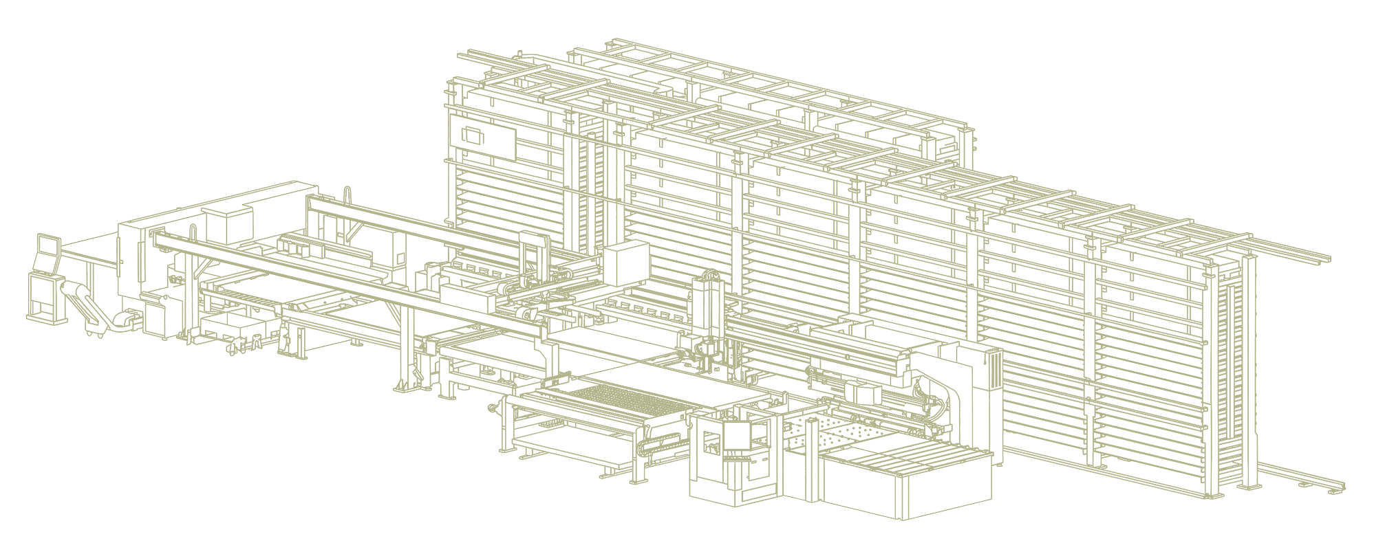 Detailed 3D wireframe rendering of an industrial train or conveyor system.