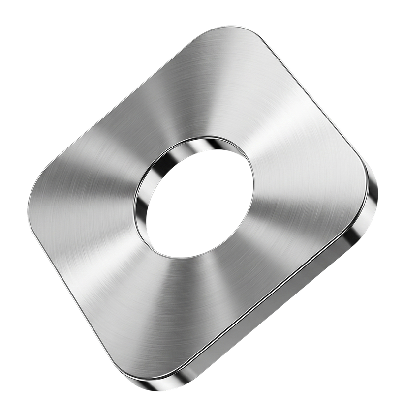 Brushed metal square plate with rounded corners and a circular hole in the center.