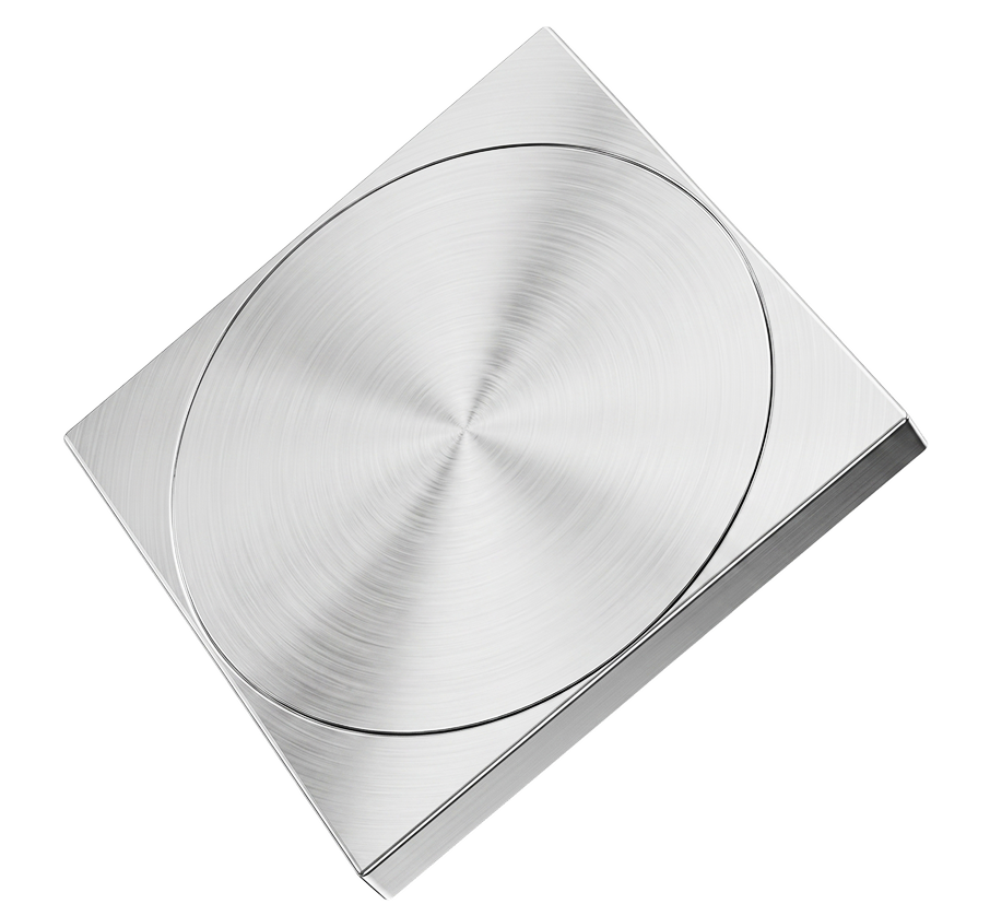 Square stainless steel floor drain cover with a round center and brushed metal finish.