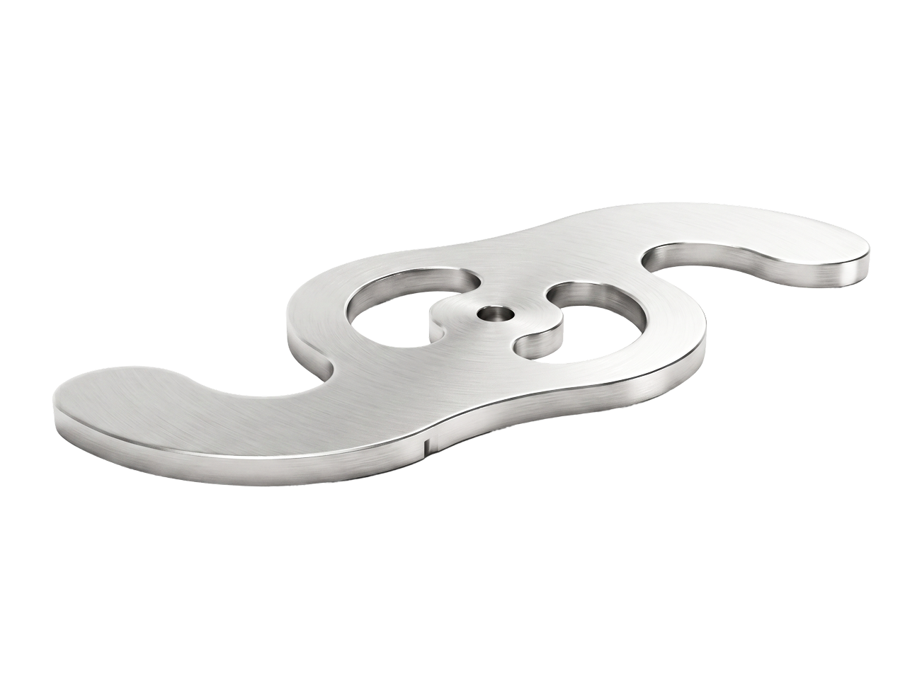 Brushed metal CNC-machined flat part with rounded edges and two large holes in the center.