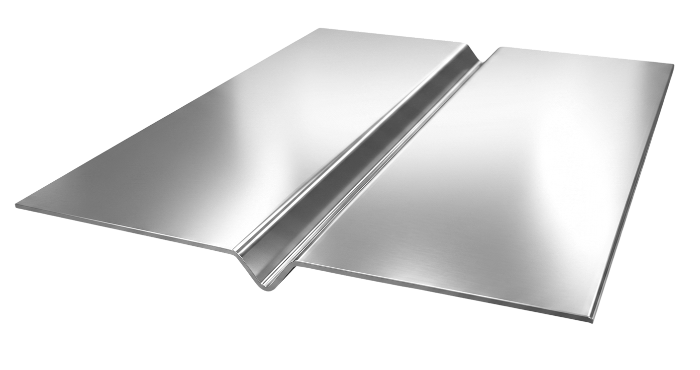 Shiny metal sheet with a central folded crease, showcasing brake forming.