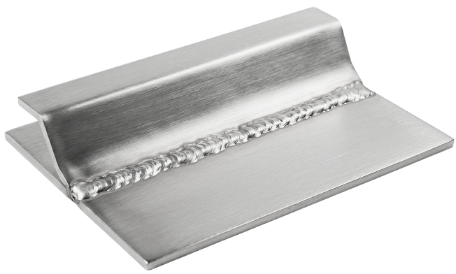 Close-up of a metal piece with a smooth weld bead joining two angled sections.