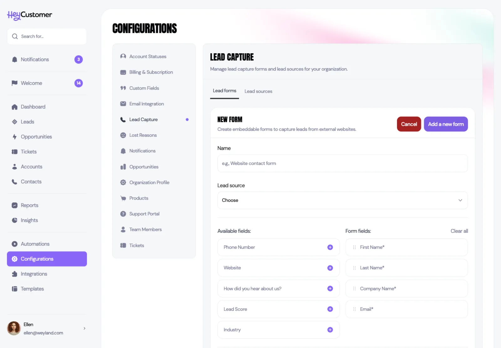 The new lead capture form screen, with fields for the form name and lead source, a list of available fields on the left including Phone Number, Website and custom lead fields, and the chosen form fields on the right showing First Name, Last Name, Company Name and Email marked as required.