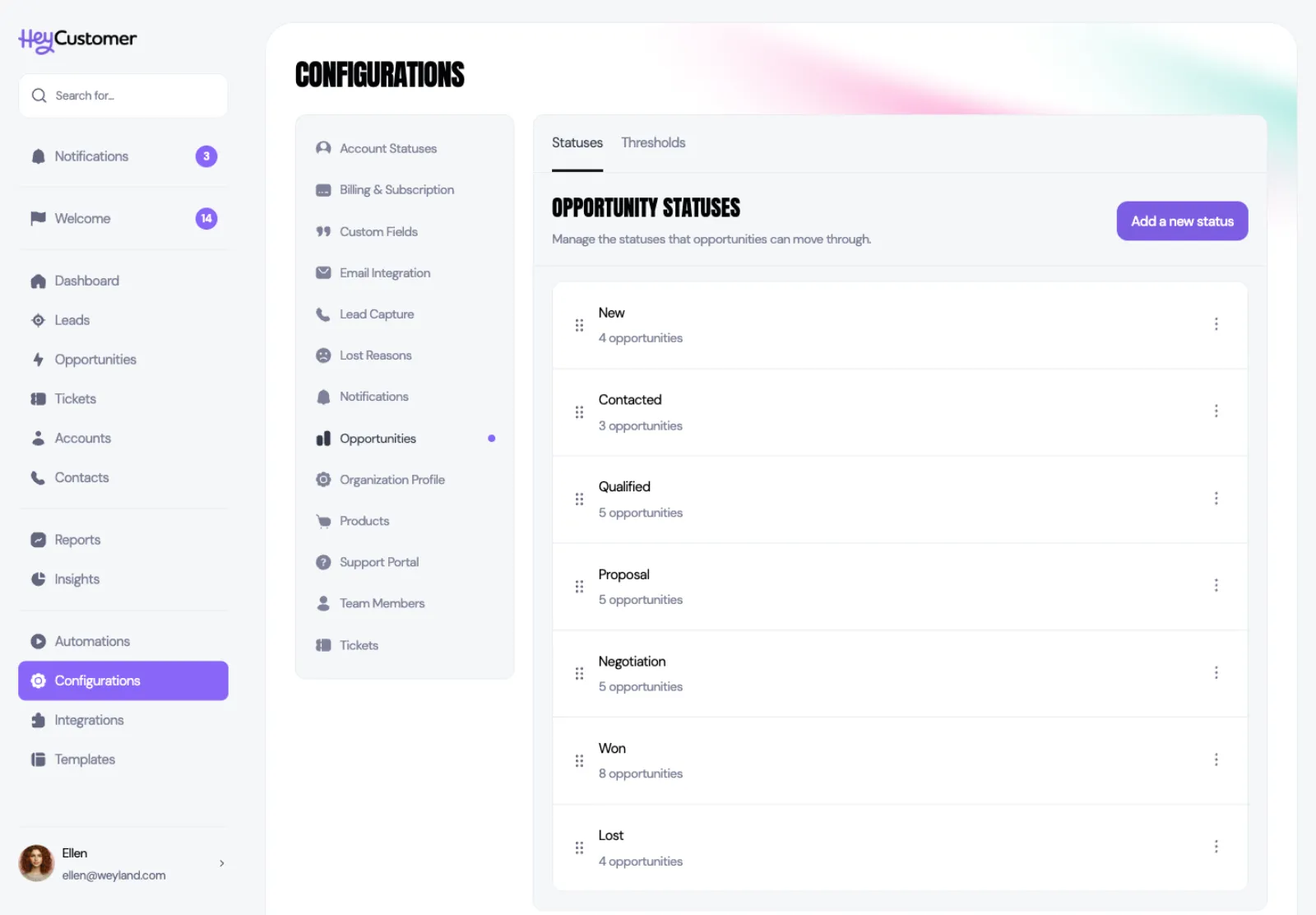 The Opportunity Statuses settings page listing New, Contacted, Qualified, Proposal, Negotiation, Won and Lost in order, each with a drag handle, a count of the opportunities currently in it, and a menu button.
