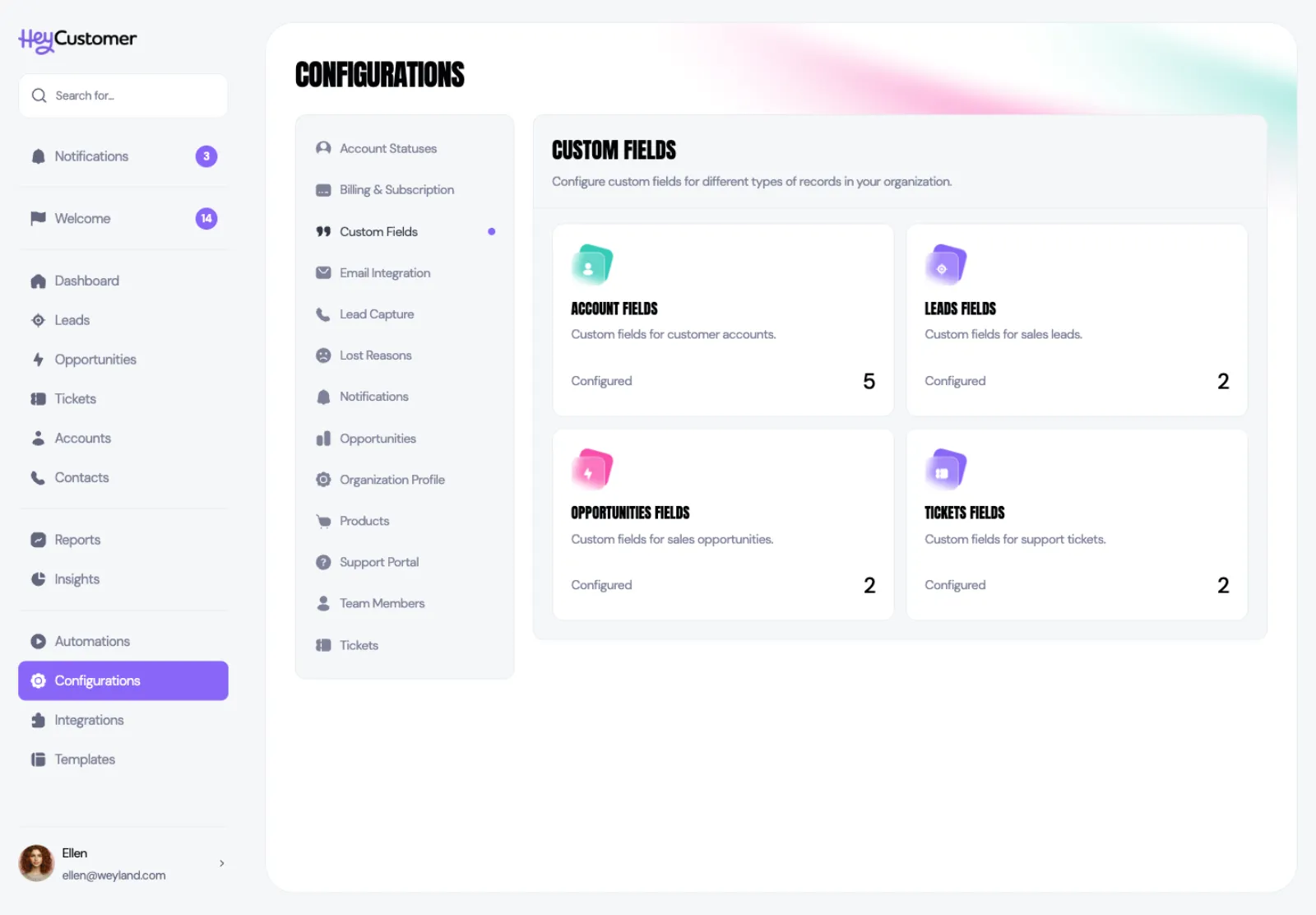 The Custom Fields settings page with four cards — Account Fields, Leads Fields, Opportunities Fields and Tickets Fields — each showing a short description and the number of fields configured.