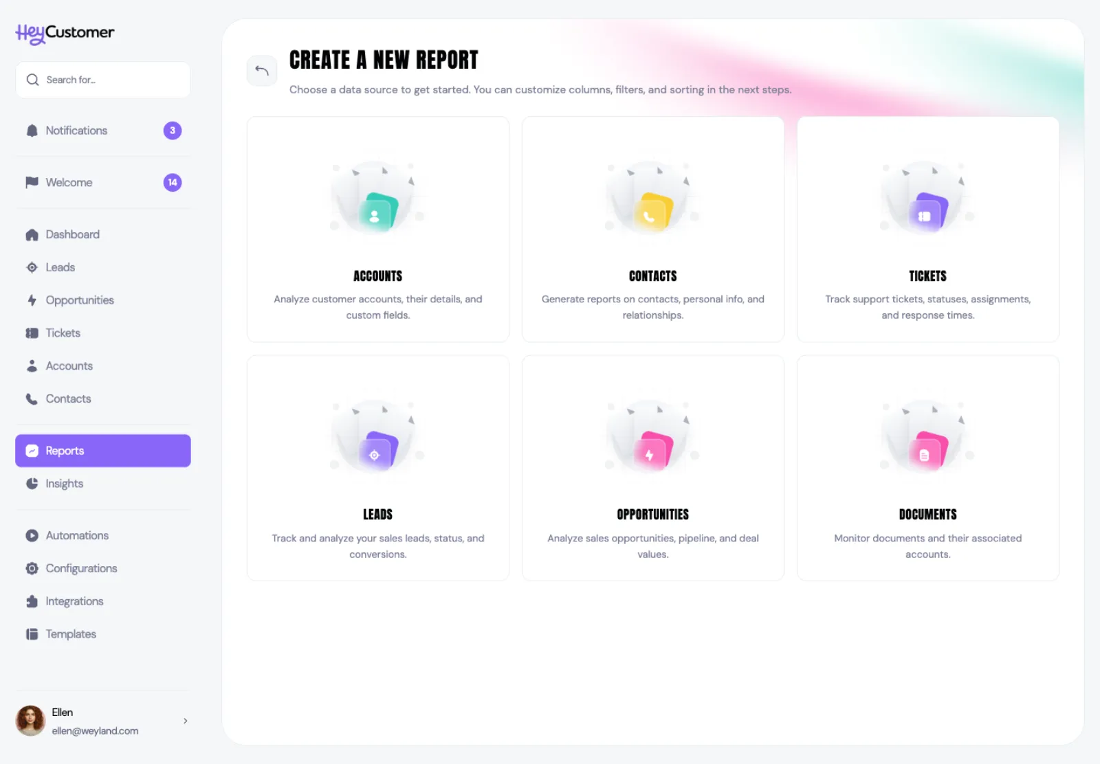 The Create a New Report screen showing six data source cards to choose from — Accounts, Contacts, Tickets, Leads, Opportunities and Documents — each with a short description of what it covers.