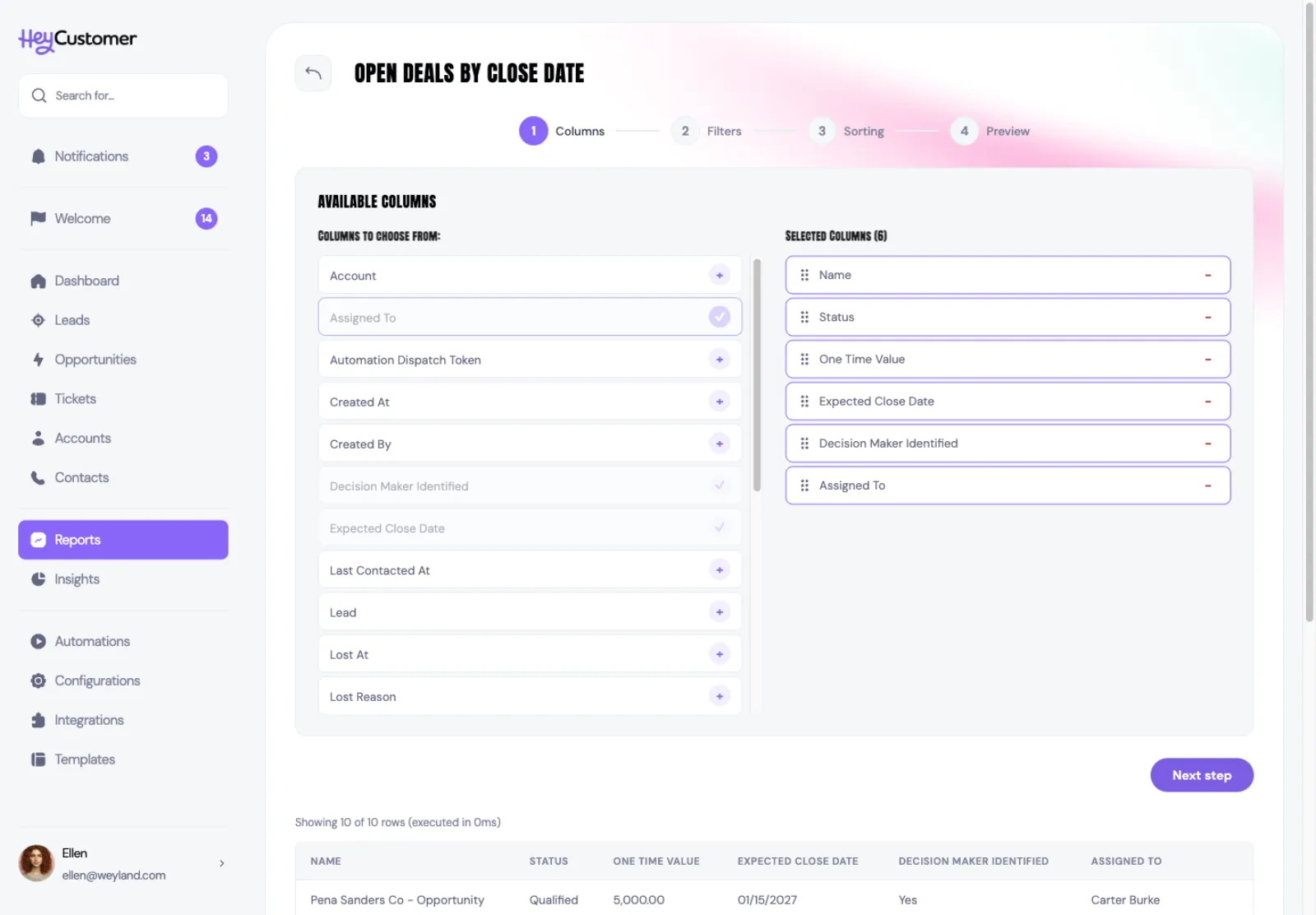 Step 1 of the report builder, Columns. The left panel lists available columns each with a plus button; the right panel shows six selected columns — Name, Status, One Time Value, Expected Close Date, Decision Maker Identified and Assigned To — each with a drag handle. A live preview of the data appears below.