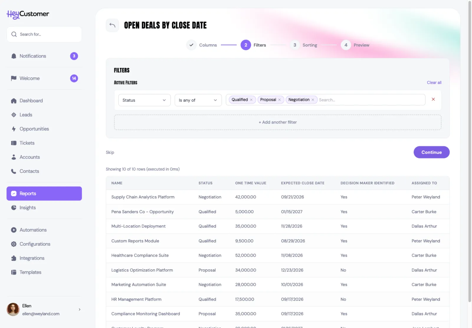 Step 2 of the report builder, Filters. A single filter row reads Status, Is any of, with three chips for Qualified, Proposal and Negotiation. The preview below has narrowed to only opportunities in those three statuses.