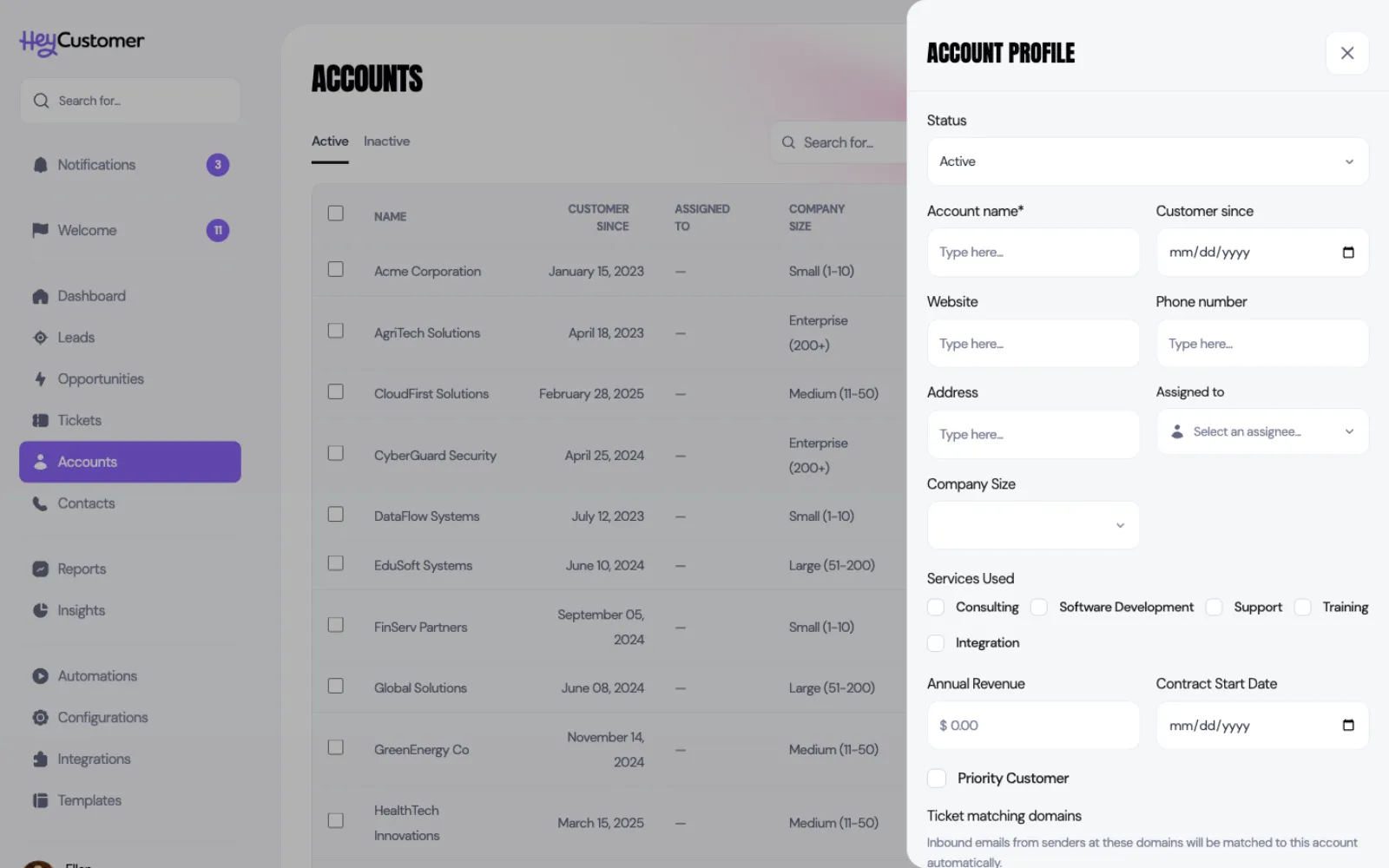 The Account Profile panel for creating an account, with Status set to Active and empty fields for account name, customer since, website, phone number, address and assigned to, followed by custom fields for company size, services used, annual revenue, contract start date and priority customer, and a ticket matching domains section.