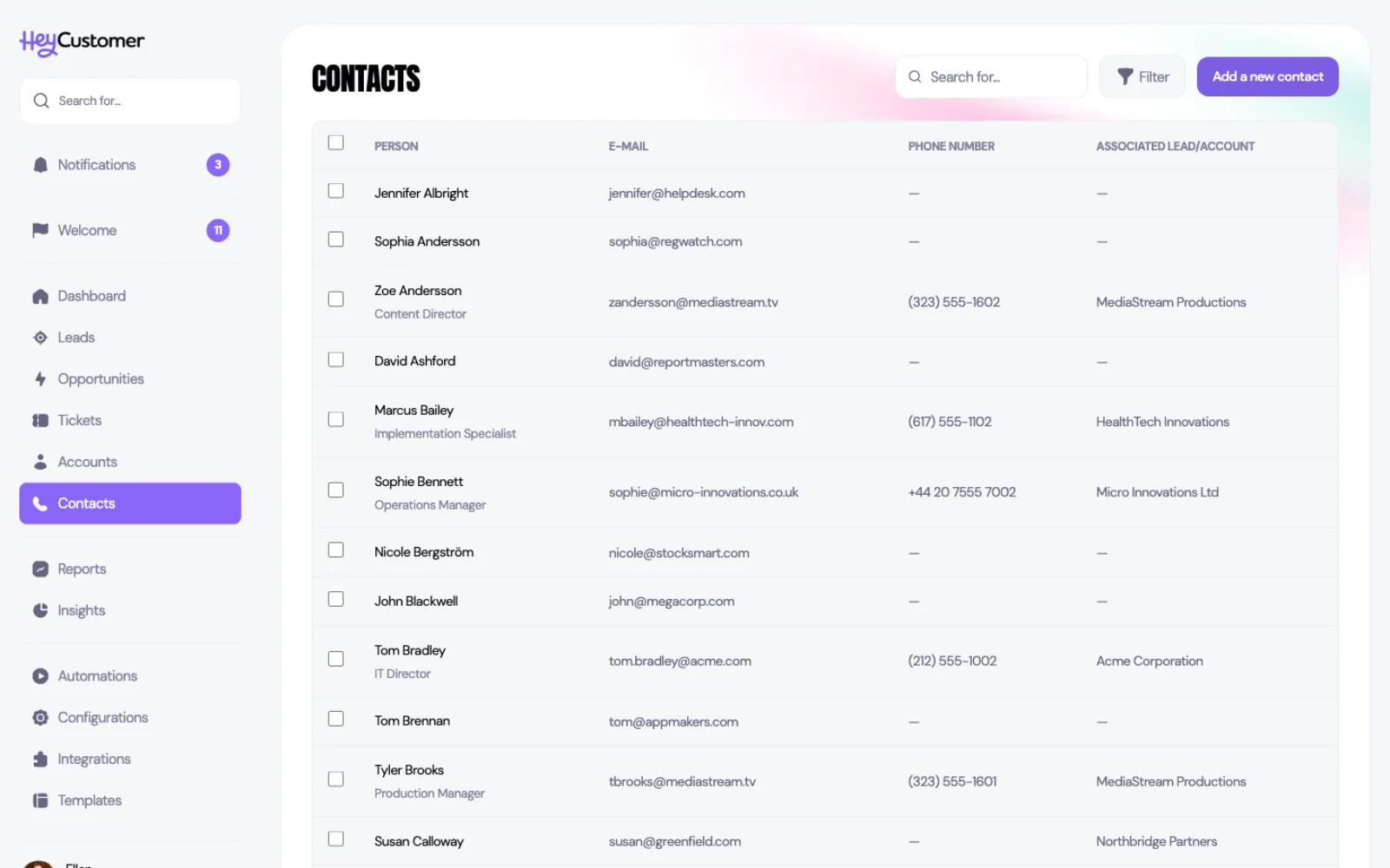 The Contacts page listing people with columns for person, e-mail, phone number and associated lead or account. Some rows show an account such as Acme Corporation or MediaStream Productions, and others show a dash because the contact isn't attached to one yet.
