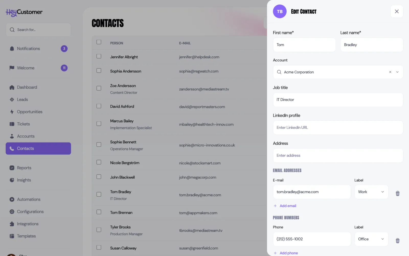 The Edit Contact panel for Tom Bradley, with first and last name filled in, an Account search box set to Acme Corporation, a job title of IT Director, empty LinkedIn and address fields, and sections for email addresses and phone numbers each with a label dropdown.