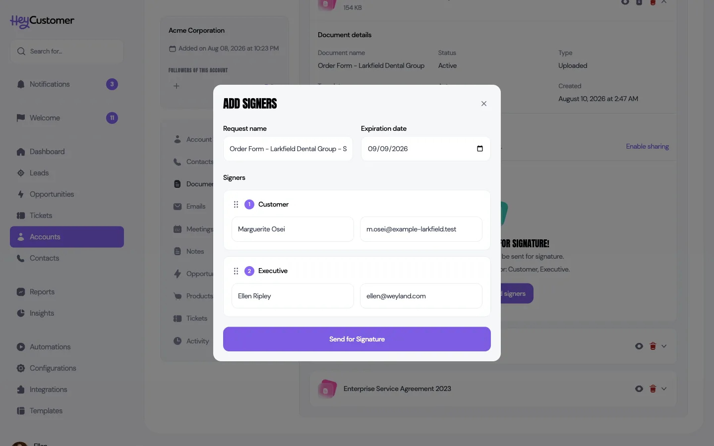 The Add signers dialog with a request name and an expiration date at the top, then two numbered signer rows, Customer and Executive, each with a full name and email address filled in, above a Send for Signature button.