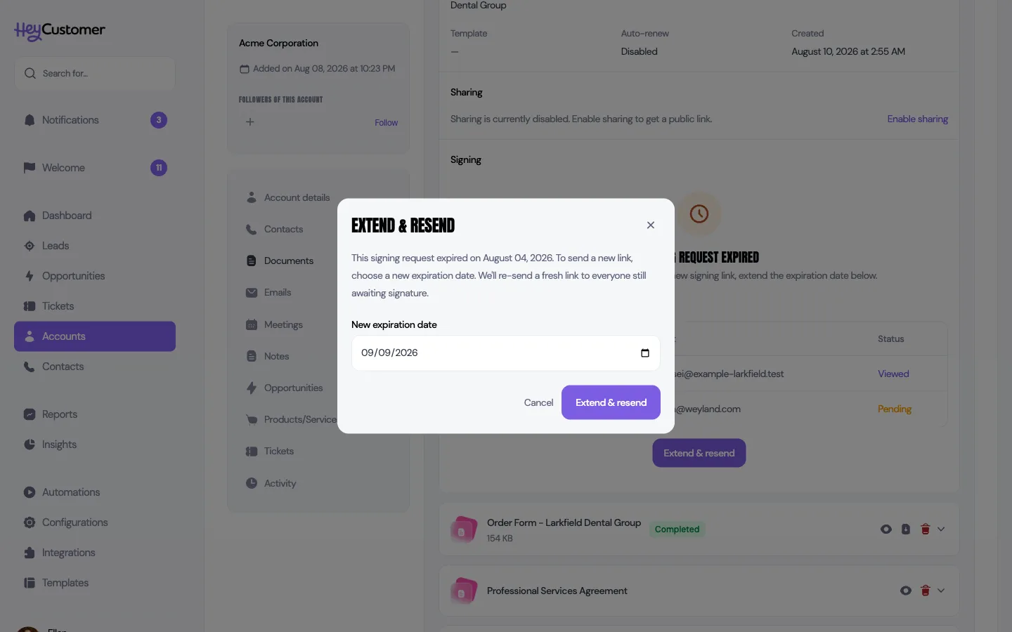 The Extend and resend dialog explaining that the request expired on a given date, with a New expiration date field and Cancel and Extend and resend buttons, over the expired signing panel behind it.