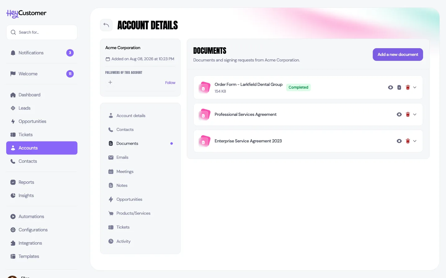 The Documents section of an account, listing three documents. The first, an order form, carries a green Completed badge and shows its file size, with icons to view, download and archive it.
