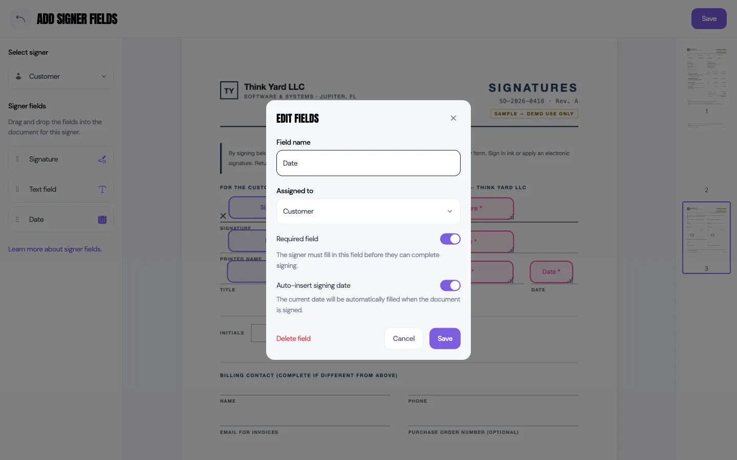 The Edit fields dialog for a date field, showing a Field name box, an Assigned to dropdown set to Customer, a Required field toggle turned on, and an Auto-insert signing date toggle turned on.