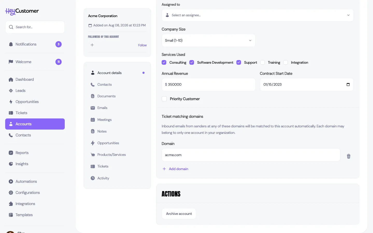 The Ticket matching domains section on an account, explaining that inbound emails from senders at these domains are matched to the account automatically, with acme.com entered in a Domain field and an Add domain link below.