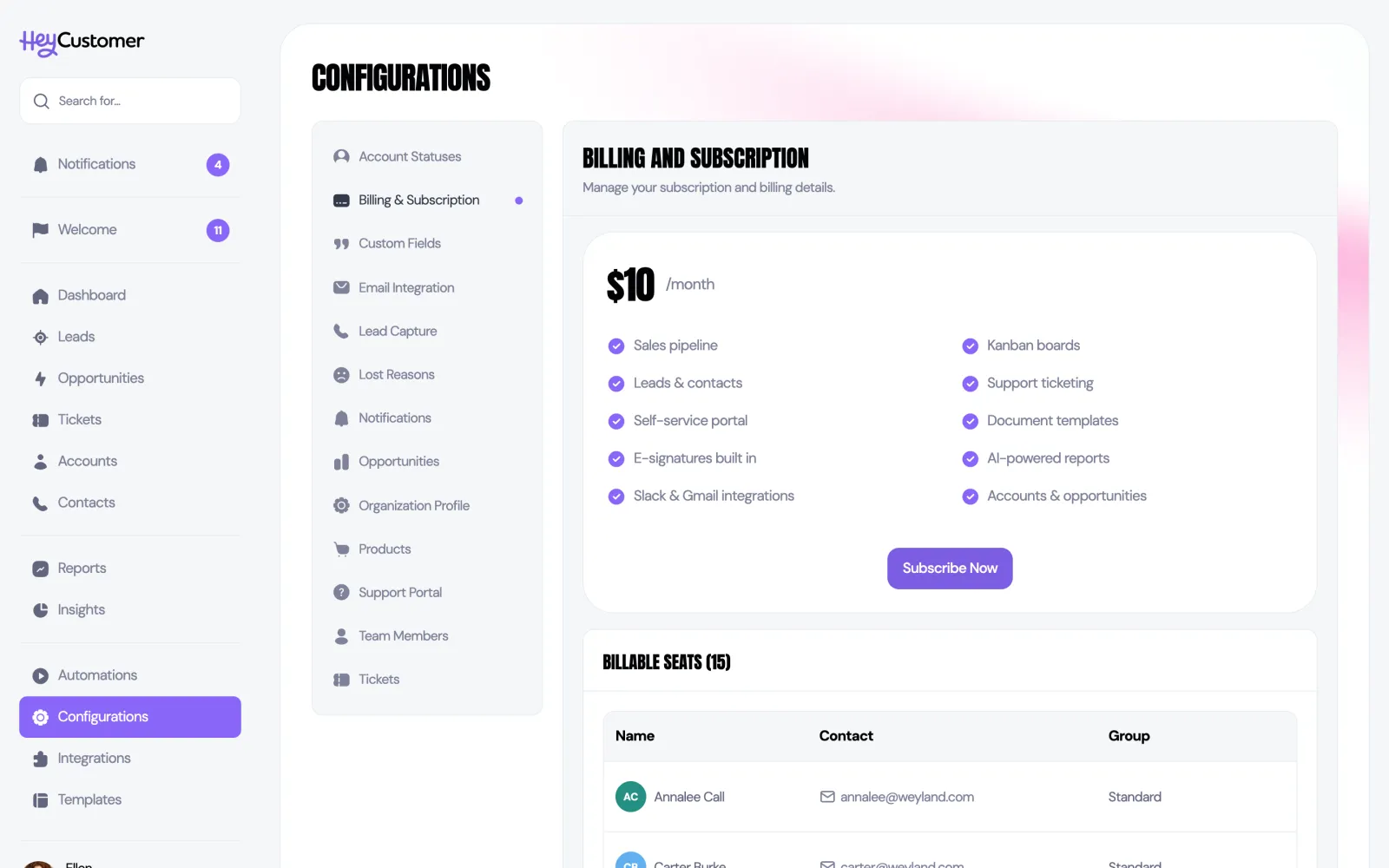 The Billing and Subscription page showing a plan card priced at 10 dollars per month with a list of included features and a Subscribe Now button, above a Billable Seats section listing team members with their names, email addresses and permission groups.