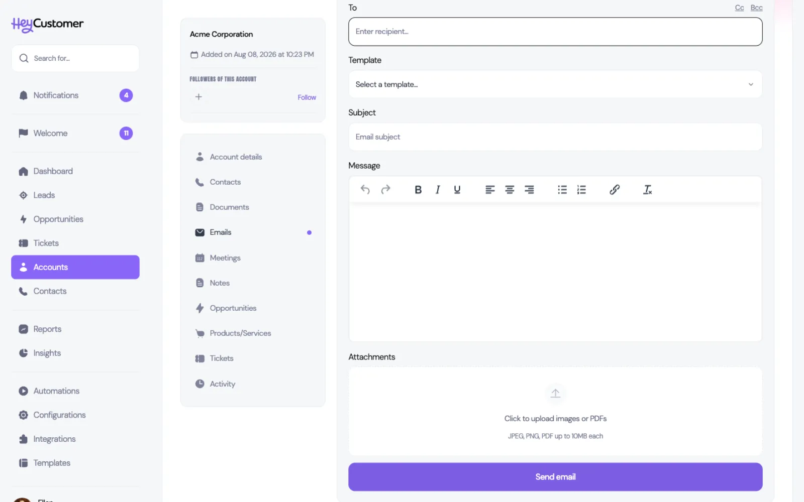 The Compose email form in the Emails section of an account. A To field sits at the top, a Template dropdown reading Select a template underneath it, then Subject and Message fields, an attachments area and a Send email button.